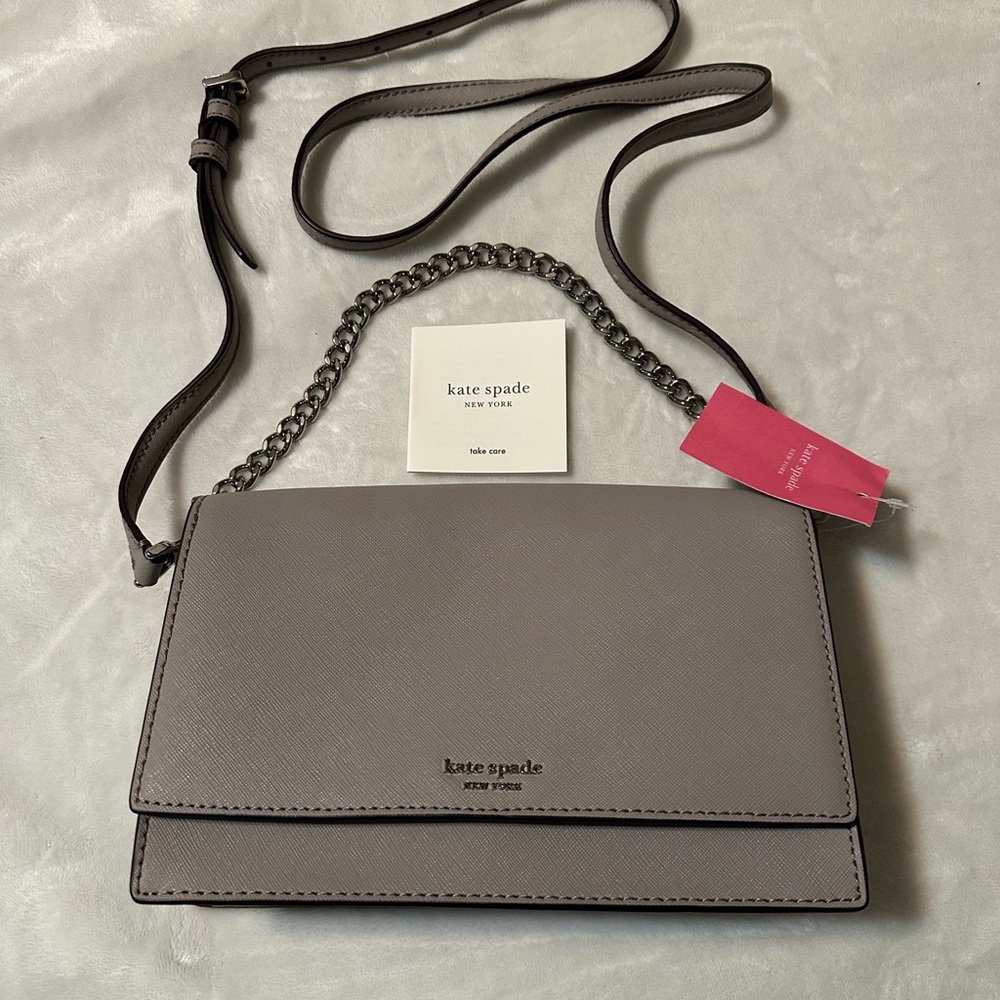 Kate Spade Soft Taupe Structured Crossbody Bag with Chain Detail